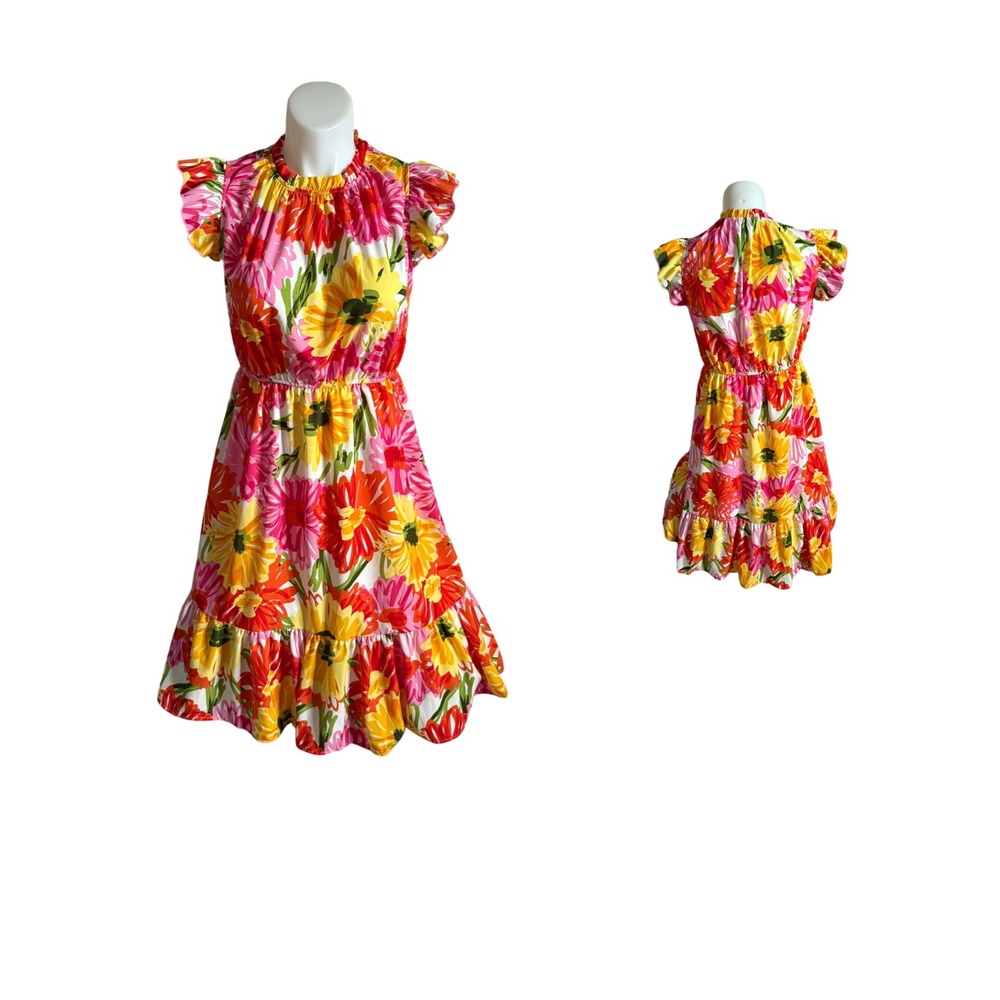 Ces Femmes Floral Ruffle Dress Flutter Sleeve Smocked Womens Medium